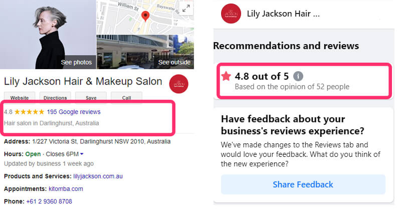 Screenshot of Lily Jackson Hair & Makeup Google My Business page showing an overall rating of 4.8 out of 5 stars and 195 Google reviews